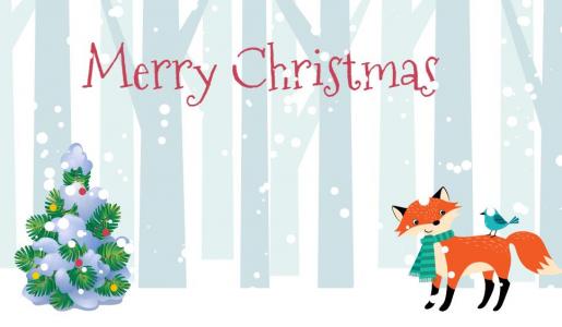 canvas雪花下的圣诞树和小狐狸