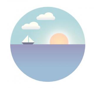 卡通海上日落帆船航行场景图像